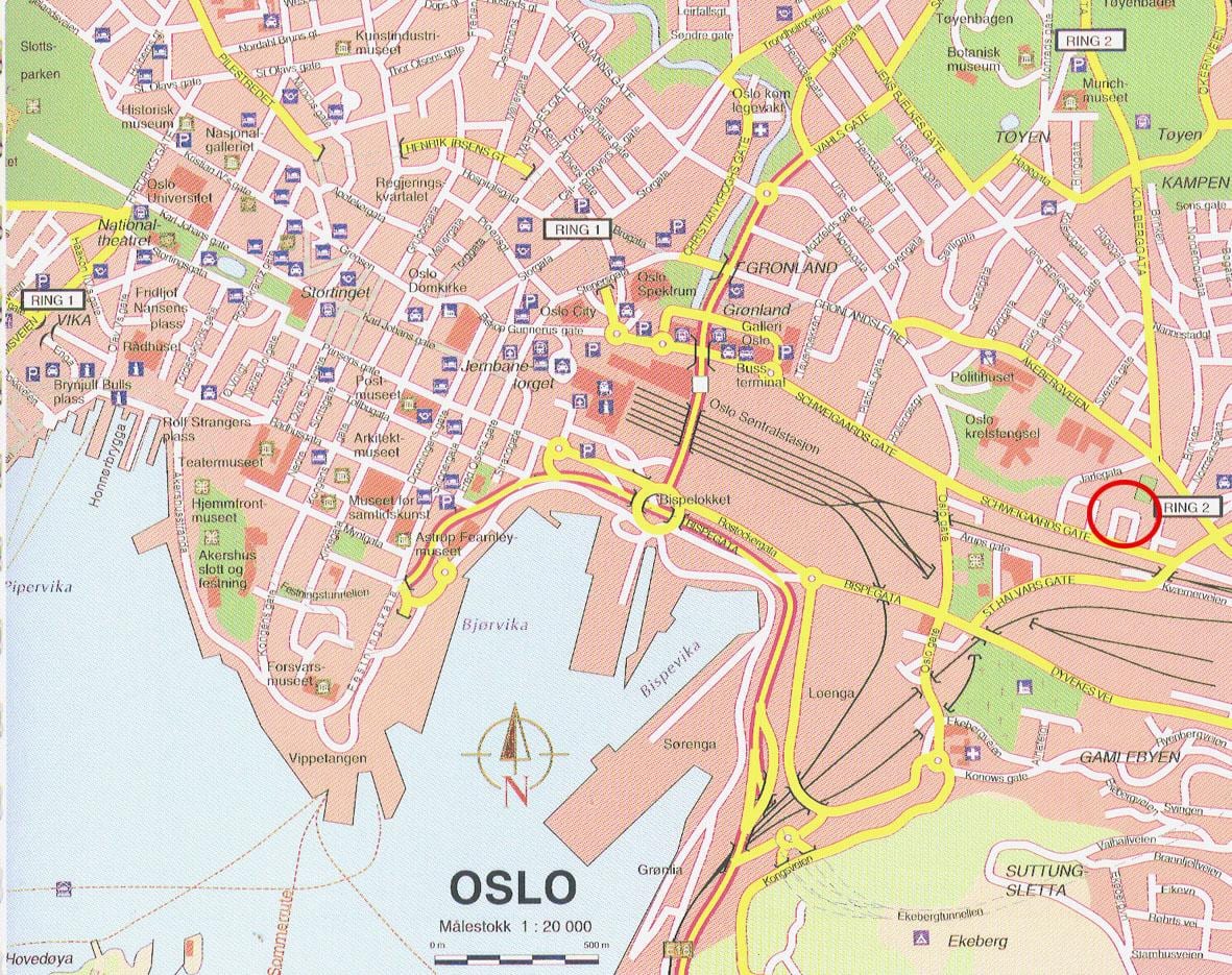 kart Oslo şəhərin mərkəzi Norveç 